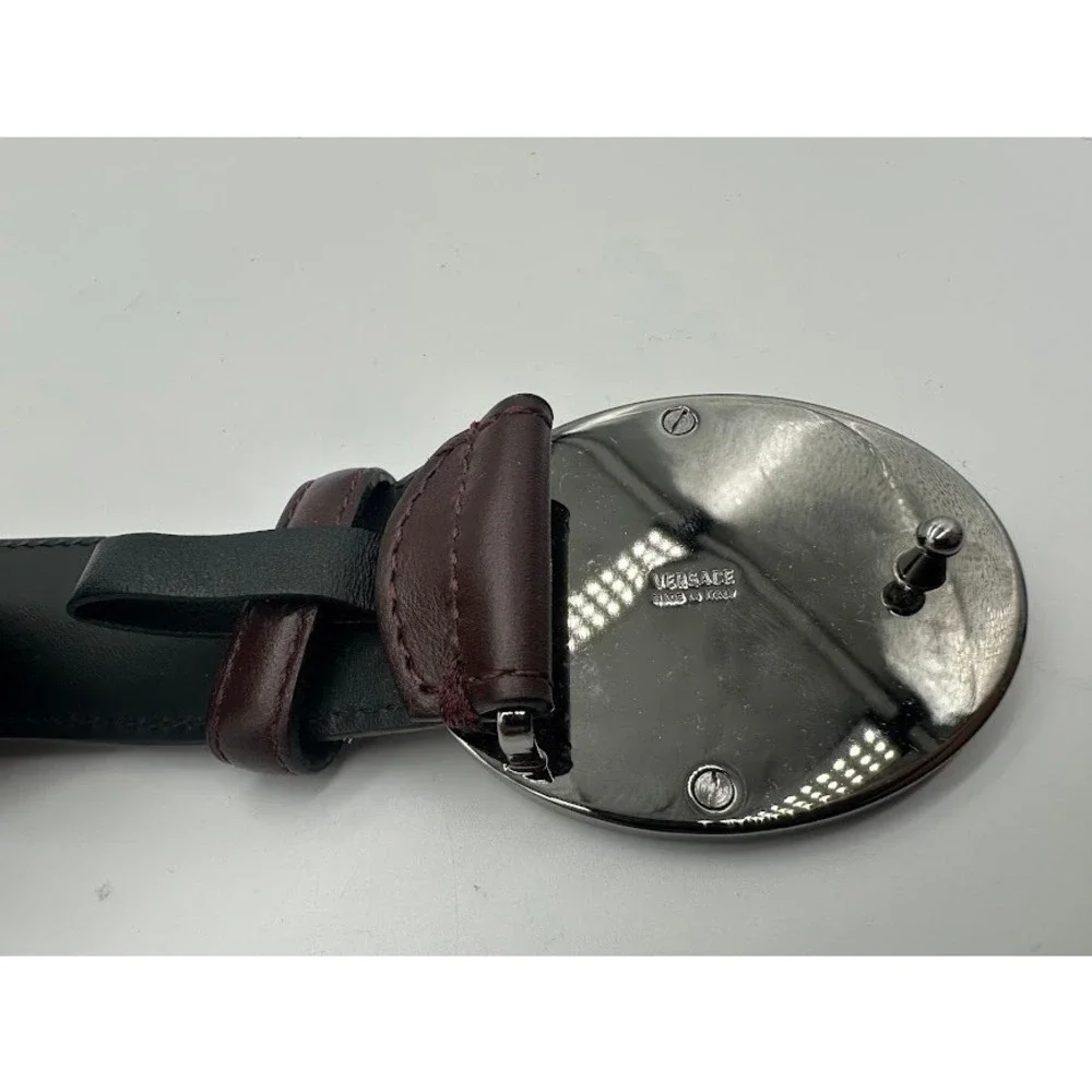 Versace Medusa Head Greek Key Oval Buckle Burgundy Leather Belt DCU‎ 4409 90/36